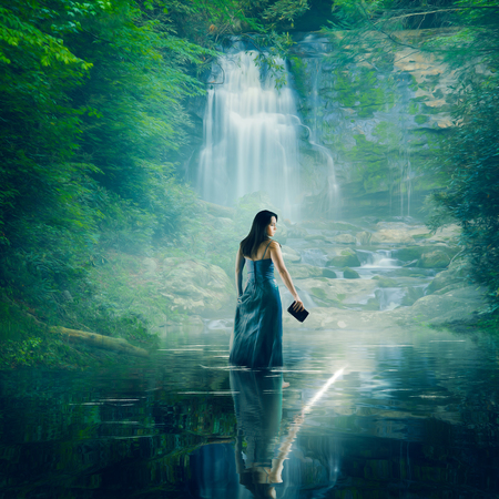 A woman holds a Bible, but is reflected as a sword.の写真素材