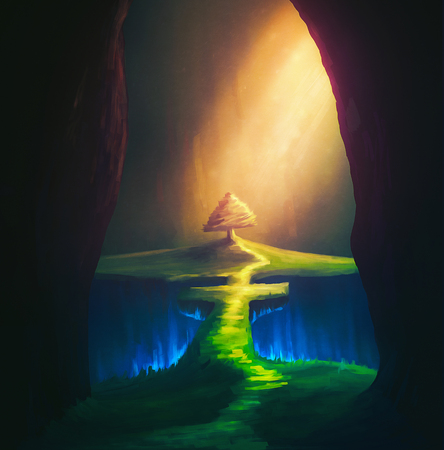 A colorful digital illustration of a cross leading to a tree with light beamsの写真素材