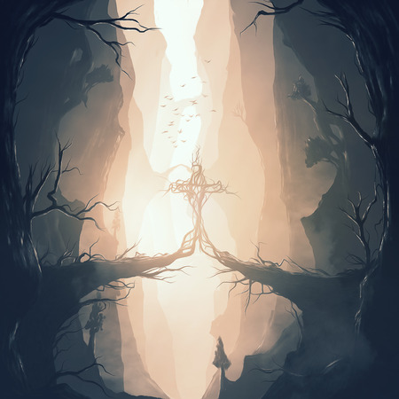 Dead branches curve together to form a cross shape between two cliffs.の写真素材