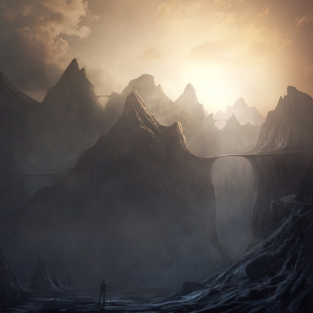 Surreal mountain landscape with land bridgesの写真素材