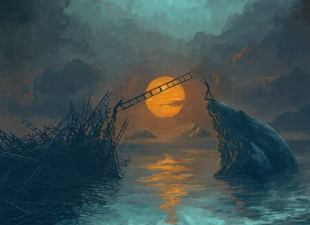 A digital illustration showing a man helping out another using a ladder.の写真素材