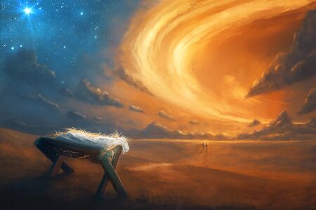 Mary and Joseph travel to a manger under a beautiful night sky.の写真素材