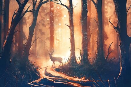 Digital illustration of a deer in a forest with warm colorsの写真素材