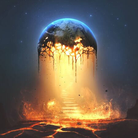 A surreal illustration of fire and lava pouring out from the earthの写真素材
