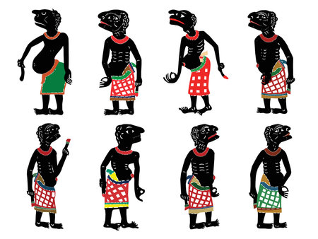 Leather Shadow Puppet. Set of black silhouettes of shadow puppet character. Vector illustrationの写真素材