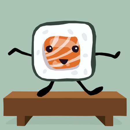 Illustration of a Sushi Character Dancing on a Sushi Boardの写真素材