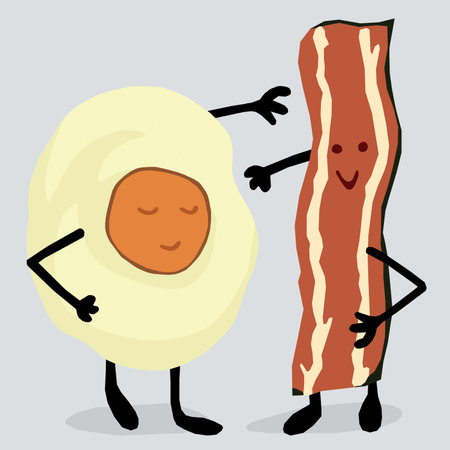 Funny breakfast with fried egg and bacon. Vector illustration in cartoon style.の写真素材
