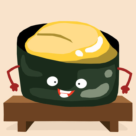 Illustration of a Sushi with a Smiling Face on a Tableの写真素材