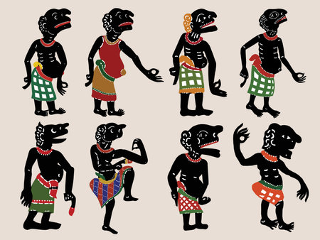 Leather Shadow Puppet in traditional clothes. Vector set of Thai Shadow Puppet silhouettes.の写真素材