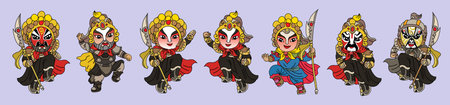 Set of cartoon Chinese opera in traditional costume. Vector illustration isolated on light background.の写真素材