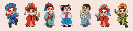 Collection of cute cartoon Chinese Opera in traditional costume. Vector illustration.の写真素材