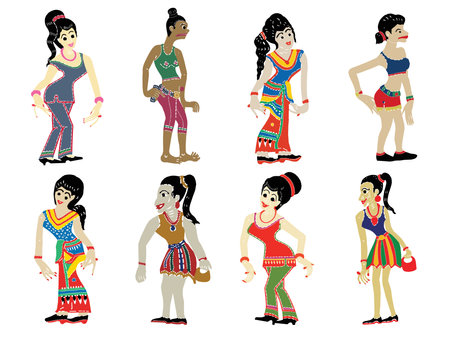 Shadow Puppet. Vector illustration of a set of beautiful Asian women in ethnic clothes.の写真素材