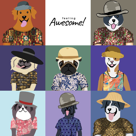 Set of vector illustrations with cute dogs in hipster style. Can be used for t-shirt print, poster, cardの写真素材