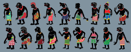 Nang Talung Thai Leahter Shadow Puppet. Set of Shadow Puppet in traditional clothes. Vector illustration.の写真素材