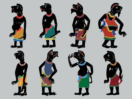 Nang Talung. Set of leather shadow puppet. Vector illustration. Isolated on gray background.の写真素材