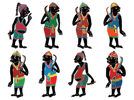 Set of black and white vector illustrations of Thai Shadow Puppet in colorful clothesの写真素材