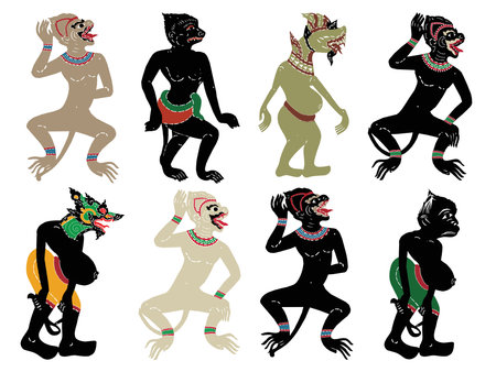 Set of black silhouettes of ancient Shadow Puppet. Vector illustration.の写真素材