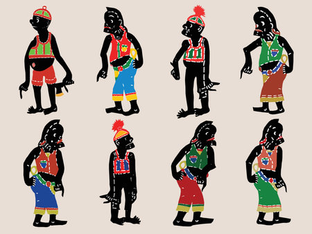 Leather Shadow Puppet in traditional clothes. Vector illustration of a set of shadow puppet.の写真素材