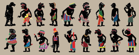 Shadow Puppet in traditional clothes. Set of vector illustrations in flat styleの写真素材