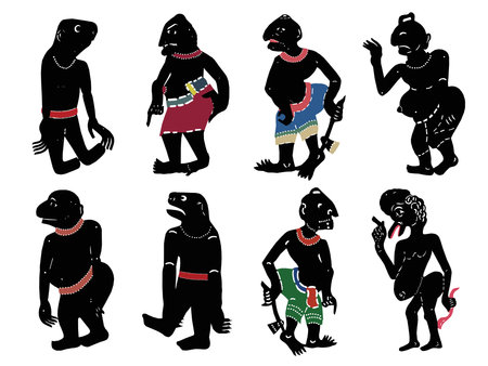 Ancient shadow puppet, black silhouettes. Vector illustration on white background.の写真素材