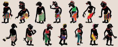 Leather  Shadow Puppet in traditional clothes. Set of shadow puppet silhouettes.の写真素材
