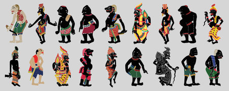Set of Hermit Leather Shadow Puppet in national clothes. Vector illustration in flat styleの写真素材