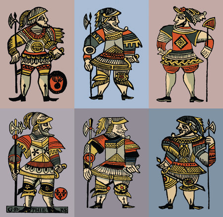 Set of ancient knight warriors with armor and shield. Vector illustration in retro style.の写真素材