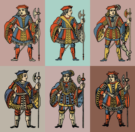 Medieval warriors. Set of vector illustrations in retro designの写真素材