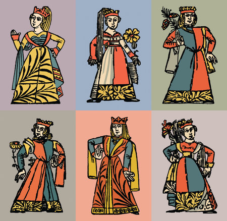 Set of colorful illustrations of medieval queens. Vector illustration.の写真素材