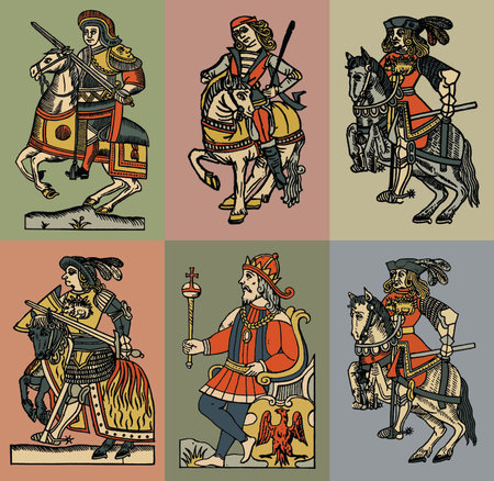 Medieval warriors. Vector set of illustrations in vintage engraving style.の写真素材