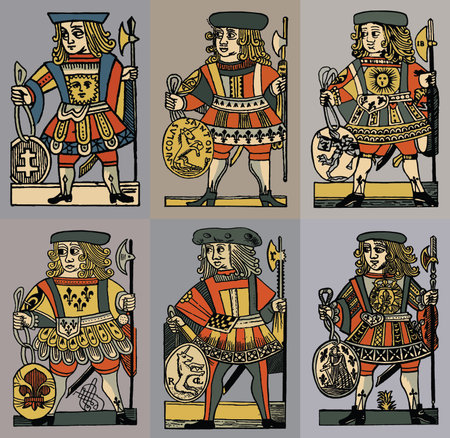 Medieval knights. Set of vector illustrations in vintage style.の写真素材