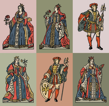 Set of vector illustrations of medieval characters in retro style. Colored hand-drawn illustrations.の写真素材