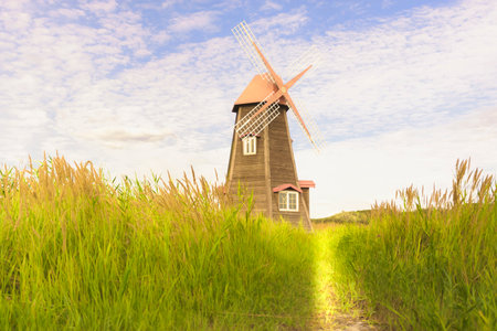 wind turbines in the summer in South Korea,Ancient wooden windmill.の写真素材