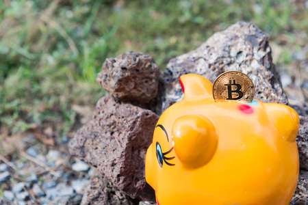 Cryptocurrency concept with bitcoins in bitcoin mine.の写真素材