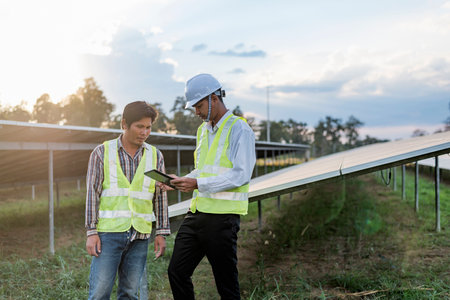 Worker and foreman maintaining solar energy panel. Technicians checking equipment for solar energy...