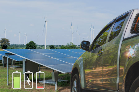 EV Car or electric vehicle and photovoltaic for generating electricity. battery icon Power supply...