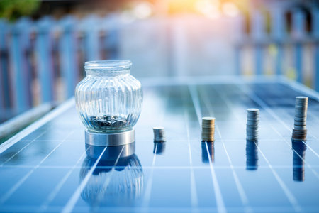 Silver coins on solar panels Cells help store solar energy. Then use it as electricity for homes and buildings to use, reducing costs and preserving the environment. Technology that helps reduce global warming.の写真素材