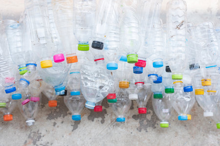 Plastic bottles in recycle trash station.の写真素材
