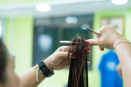 Hairdresser trims black hair with scissors.の写真素材