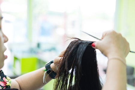 Hairdresser trims black hair with scissors.の写真素材