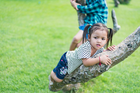 Child girl playing climbing on a tree in a summer park outdoor. Concept of healthy play and development of the child in natureの写真素材
