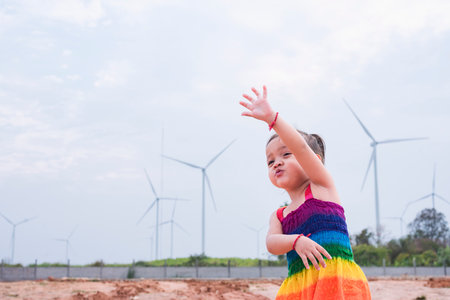 Asian girls study wind turbines to generate electricity. Sustainable energy. future.の写真素材