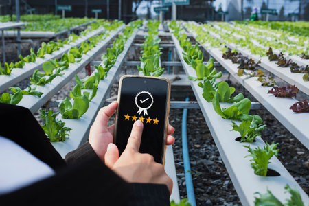 Farmers in hydroponics vegetable farm under farm control system with smartphone.