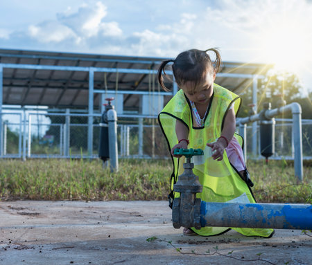 Girl opening water valve from clean energy The concept of opening and closing shut-off valves at a pumping station.の写真素材