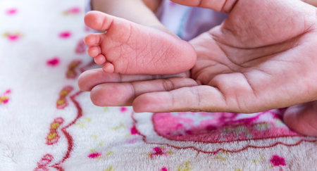 Baby feet in hands, mother, mother and her baby, happy family concept, beautiful conceptual image of...