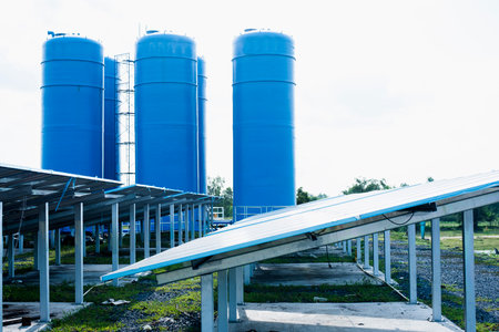 Close-up of Solar cell farm power plant eco technology.landscape of Solar cell panels in a photovoltaic power plant.concept of sustainable resources.の写真素材