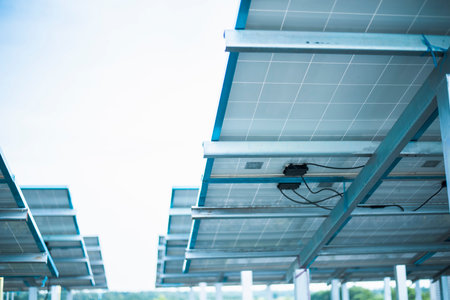 Solar cell connector. Solar PV connector of the solar cell circuit and wires under the solar panel...