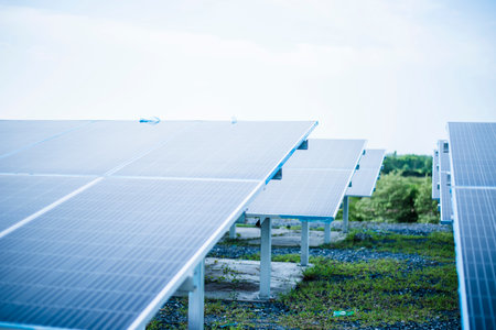 Close-up of Solar cell farm power plant eco technology.landscape of Solar cell panels in a...