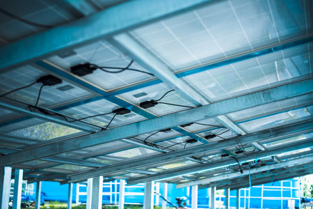 Solar cell connector. Solar PV connector of the solar cell circuit and wires under the solar panel in a smart farm. Choose to focus closer to the subject.の写真素材