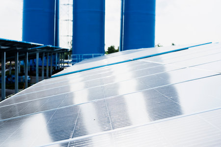 Close-up of Solar cell farm power plant eco technology.landscape of Solar cell panels in a photovoltaic power plant.concept of sustainable resources.の写真素材
